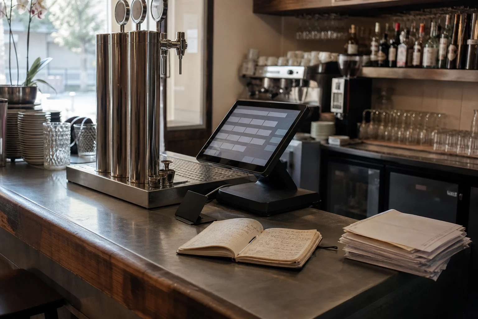 POS and invoicing paperwork on a bar counter, with nobody reading the reports
