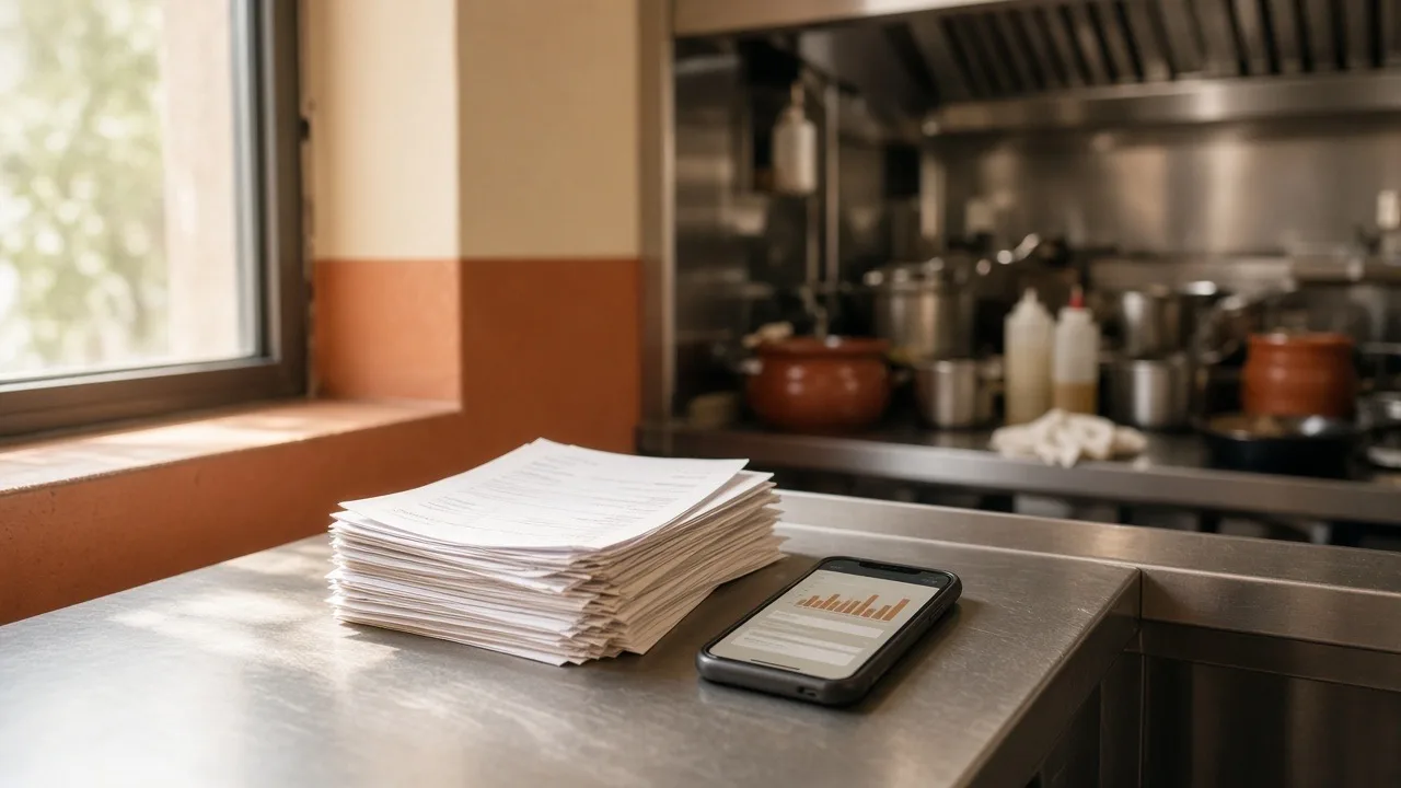 Delivery notes and a phone on a professional kitchen counter
