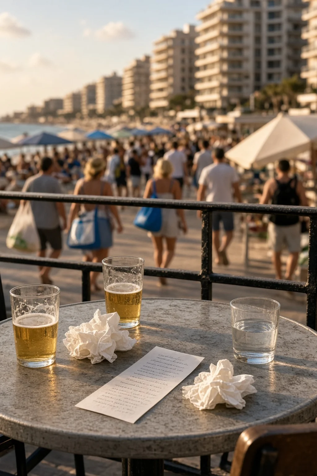 Terraza de bar de costa con ticket de caja sobre la mesa y turistas con bolsas de supermercado al fondo