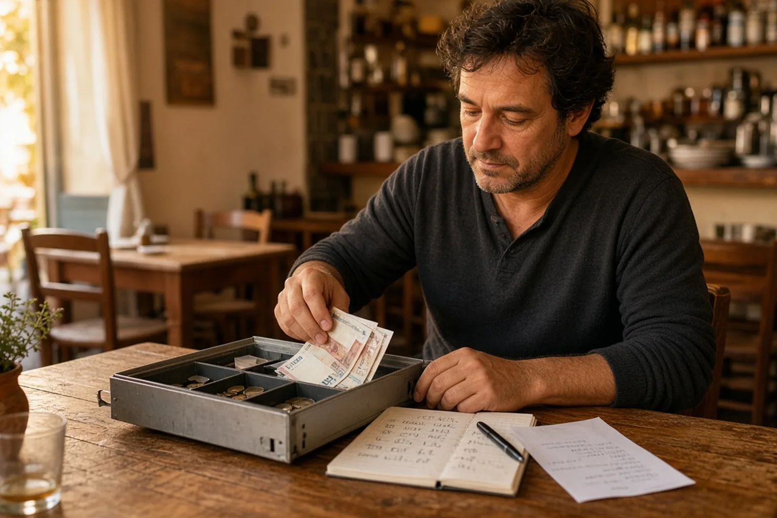 Restaurant owner counting till cash and reviewing numbers at a bar table after service