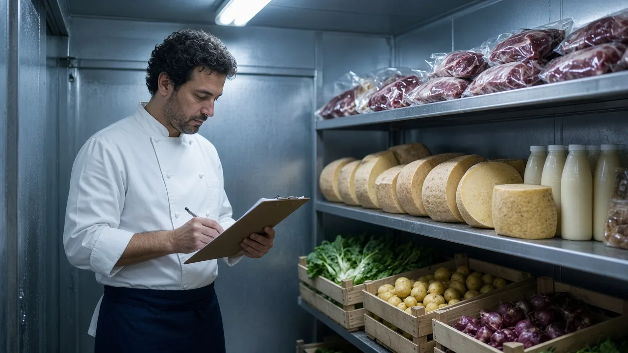 Chef counting products with a checklist inside a restaurant walk-in cooler