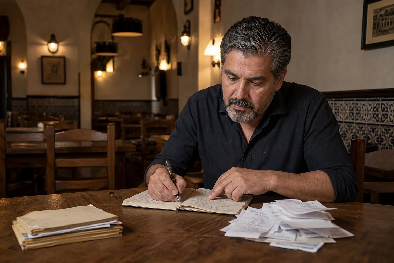 Hostelero revisando albaranes y números del restaurante en una mesa tras el servicio