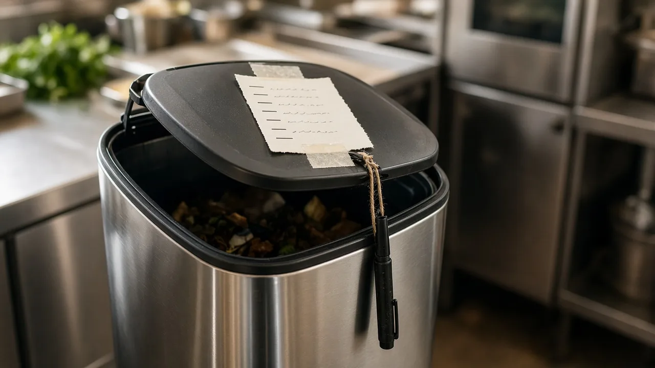 Restaurant kitchen bin with a paper sheet and marker for logging food waste