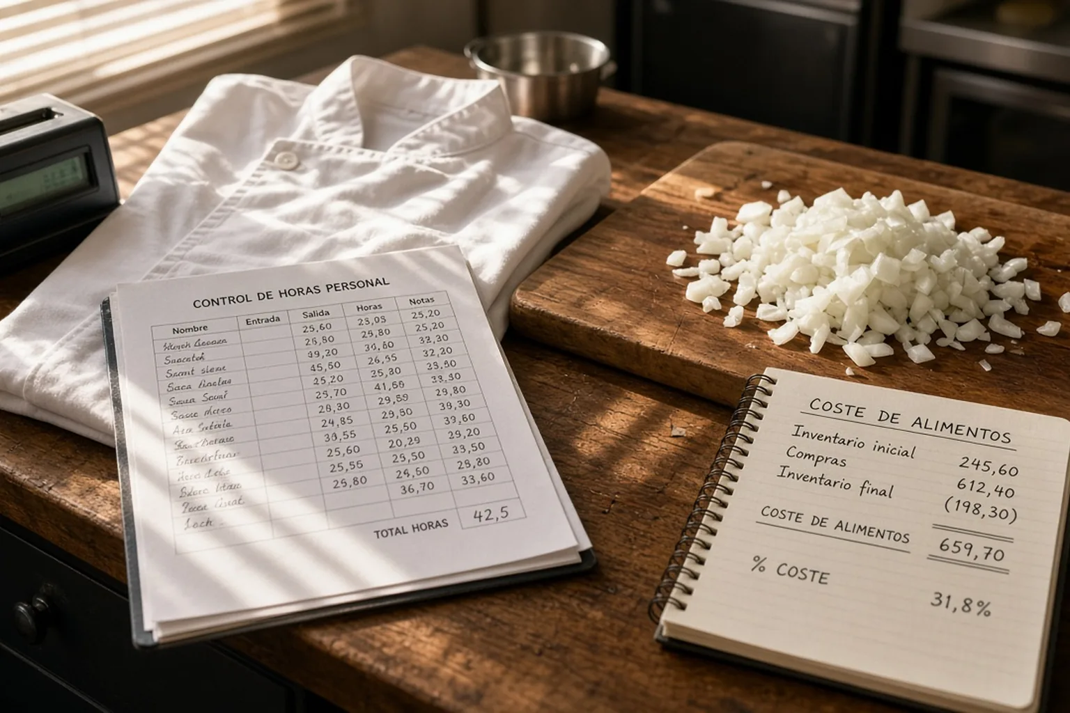 Cocina de restaurante con nóminas y albaranes sobre la mesa de pase